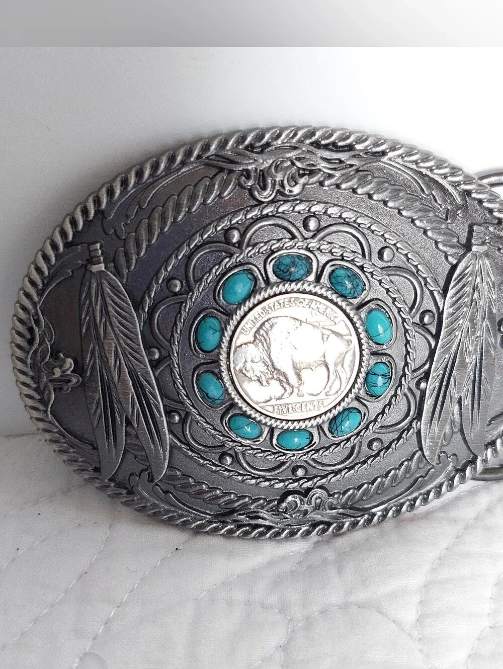 Southwestern Feather Buffalo Nickel Coin with Faux Turquoise Stone Belt Buckle